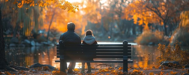 Father and daughters enjoy peaceful park moment on bench, in serene park setting. - obrazy, fototapety, plakaty