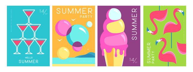 Set of colorful summer posters with summer attributes. Cocktail cosmopolitan silhouette, flamingo, ice cream and soap bubbles. Vector illustration