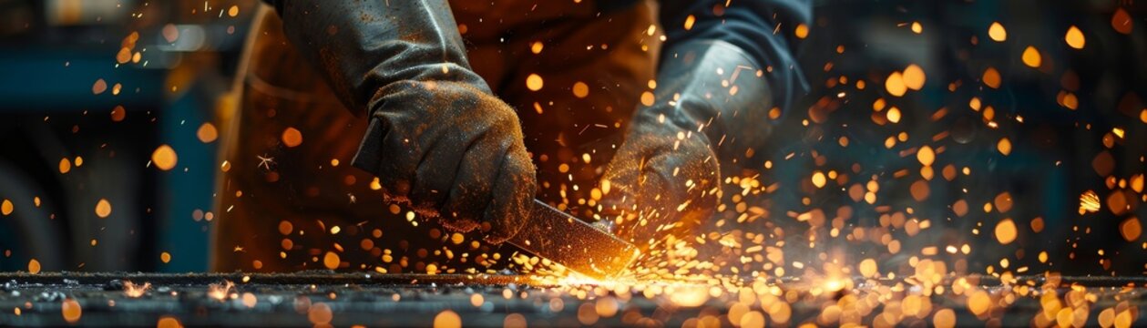 A modern woman embraces traditional craft as a female blacksmith forges metal, sparks flying in the air.