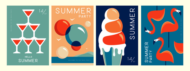 Set of retro summer posters with summer attributes. Cocktail cosmopolitan silhouette, flamingo, ice cream and soap bubbles. Vector illustration