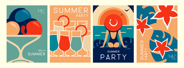 Set of retro summer posters with summer attributes. Cocktail silhouette, tequila sunrise, ice cream, tropic leaves and girl on the beach. Vector illustration © annbozhko