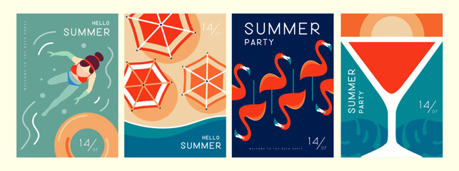 Set of retro summer posters with summer attributes. Cocktail cosmopolitan silhouette, flamingo, beach top view, swim ring and swimming woman. Vector illustration - obrazy, fototapety, plakaty