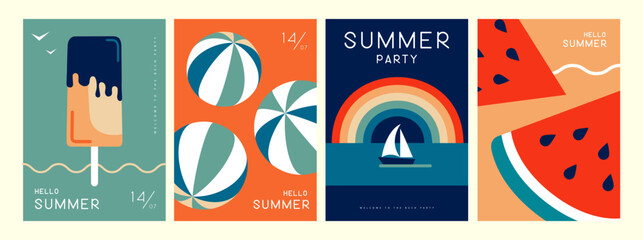 Set of retro summer posters with summer attributes. Ice cream, beach ball, watermelon, rainbow and ship. Vector illustration