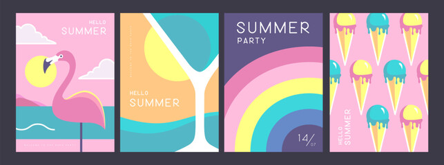 Set of retro summer posters with summer attributes. Cocktail cosmopolitan silhouette, flamingo, ice cream and rainbow. Vector illustration