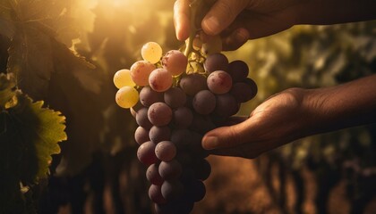 bunch of grapes held by a person in a vineyard at sunset