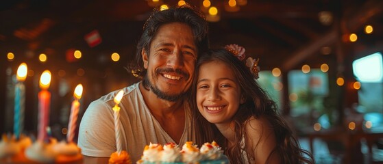 A Latino family celebrates a birthday with vibrant decorations in a joyous moment at their home. - obrazy, fototapety, plakaty