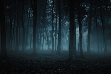 A haunted forest at night with ghostly silhouettes and eerie fog