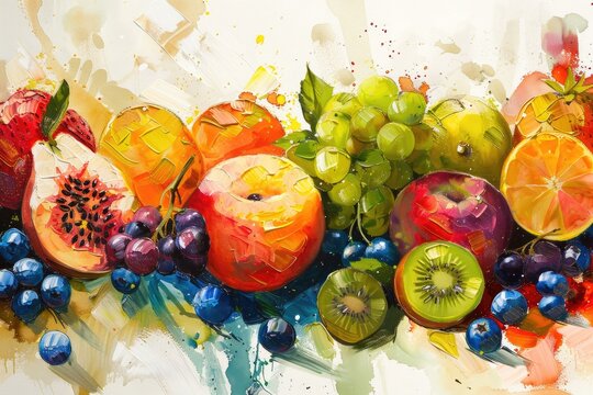 A fruit-themed painting class with canvases depicting vibrant fruit still lifes