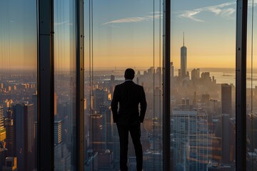 An executive pausing to reflect with a cityscape view from a skyscraper office - obrazy, fototapety, plakaty