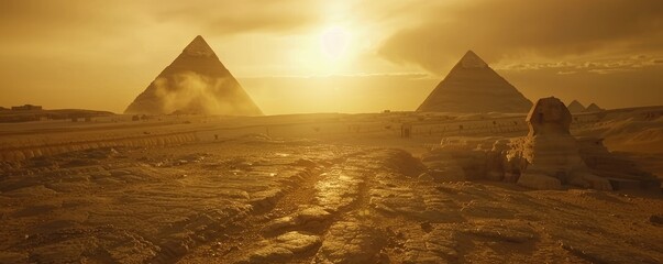 Desert mirage revealing Sphinx and Pyramids, an ethereal gateway to ancient Egypt - obrazy, fototapety, plakaty