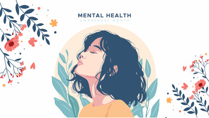 Mental Health Awareness Month. vector illustration with a mental health concept featuring an illustration of a woman undergoing therapy with floral decoration. Care about mental health. Increase aware