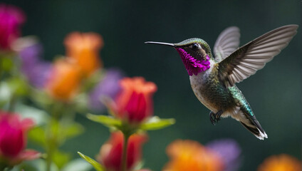 Photo hummingbird at flight with colorful iridescent plumage and blurred generative ai