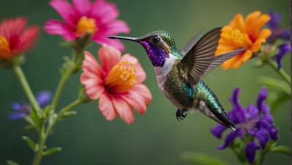 Photo hummingbird at flight with colorful iridescent plumage and blurred generative ai