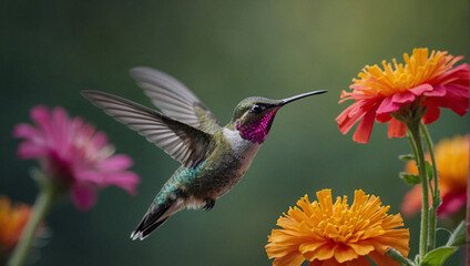 Photo hummingbird at flight with colorful iridescent plumage and blurred generative ai