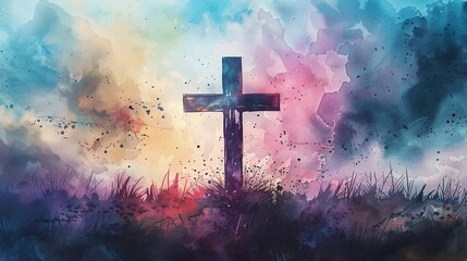 Watercolor Painting of an Isolated Cross in a Meadow
