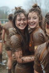 Women's rugby team revels in victory on muddy field, united in joyous embrace, showcasing strength.