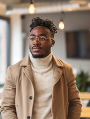 A young Black entrepreneur is pitching a start-up idea in a confident, modern office environment.