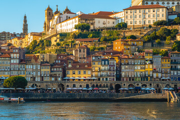 Scenery of Ribeira Square at Porto by Douro River, Portugal - obrazy, fototapety, plakaty