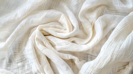White crumpled linen fabric texture background. Natural off white wavy linen organic eco textiles canvas background. Top view