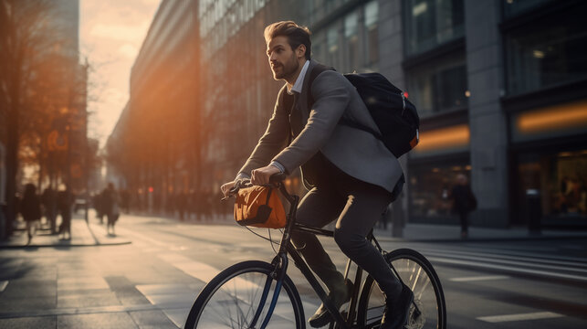 A man riding a bike on the city street, Eco-friendly lifestyle.
