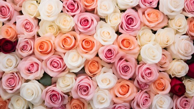  Generative AI, flowers wall background with white and light pink fresh roses, pastel and soft bouquet floral card Pro Photo
