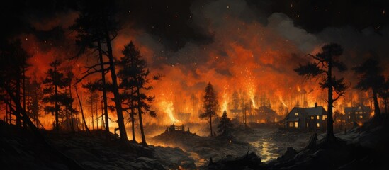 A raging fire burns fiercely within a densely packed forest of tall trees at night, casting an ominous glow and smoke into the dark sky.