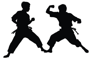 Fototapeta na wymiar Two young boys doing karate silhouette, Two karate young boys fighters in a match, 