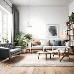 Modern Scandinavian home interior design characterized by an elegant living room featuring a comfortable sofa, mid century furniture, cozy carpet, wooden floor, white walls, and home plants
