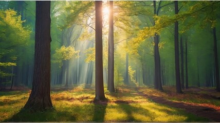 autumn forest in the morning. Silent Forest in spring with beautiful bright sun rays