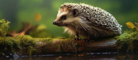 Fototapeta premium A European hedgehog, scientifically known as Erinaceus Europaeus, is perched on a tree branch covered with green moss and leaves, facing towards the left.