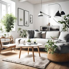  Modern Scandinavian home interior design characterized by an elegant living room featuring a comfortable sofa, mid century furniture, cozy carpet, wooden floor, white walls, and home plants
