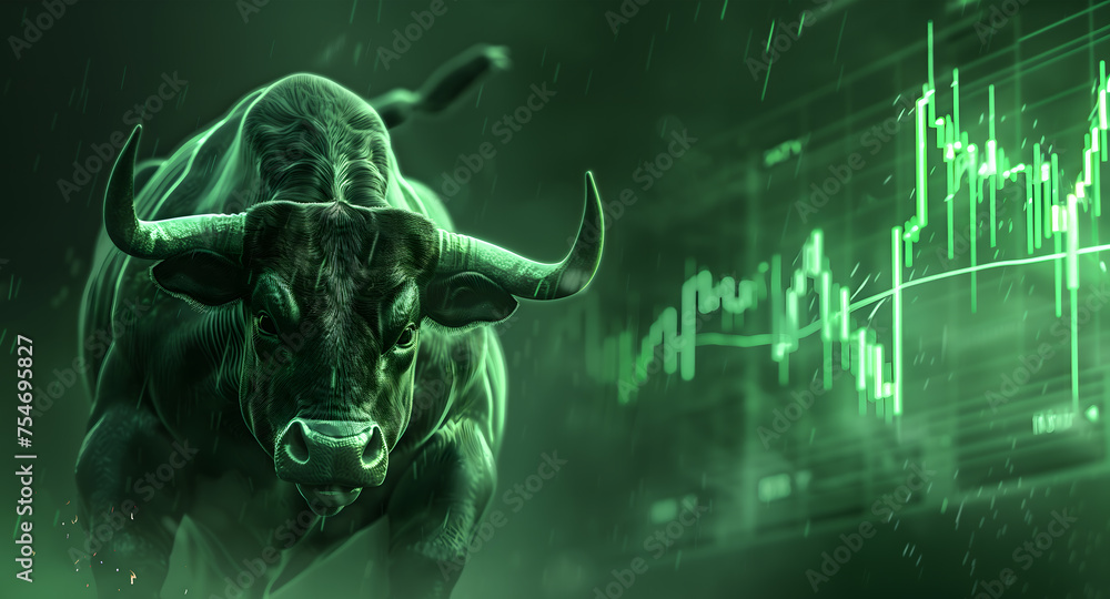 Wall mural The bullish market trend with a bull and charts. Crypto and the stock market are rising showing growth and uptrend.