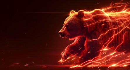 Bear running with the lightning bolt on it. Bearish market showing bear domination and market downfall in stock market, crypto and forex trading - obrazy, fototapety, plakaty