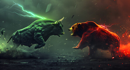Bullish vs Bearish concept in the stock market, crypto, and forex trading. Buying and selling of shares. bull and bear fighting for price change