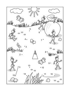 Letter A dot-to-dot activity and coloring page. A is for apple. A is for ants.
