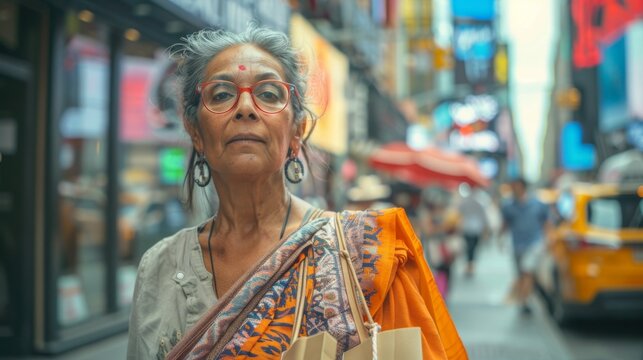 An elder Indian woman in traditional attire stands amidst a busy urban street