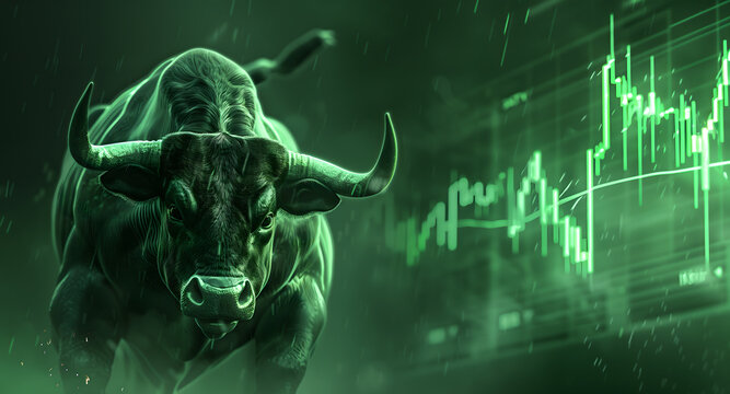 The bullish market trend with a bull and charts. Crypto and the stock market are rising showing growth and uptrend.