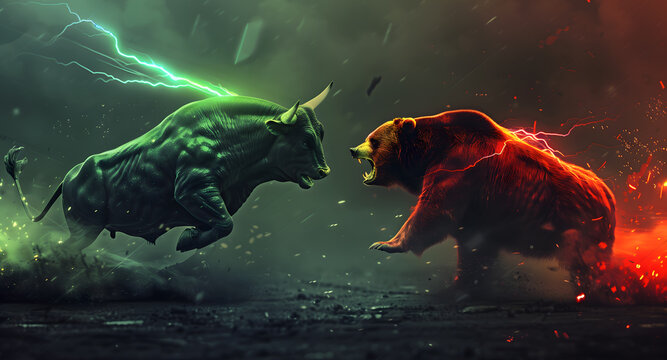 Bullish vs Bearish concept in the stock market, crypto, and forex trading. Buying and selling of shares. bull and bear fighting for price change - Powered by Adobe
