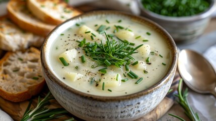 A bowl of creamy potato leek soup, silky in texture and garnished with fresh chives - obrazy, fototapety, plakaty