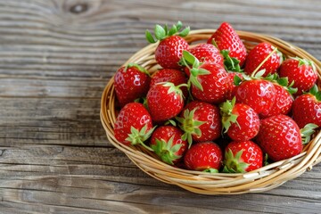 Strawberry in wicker plate on wooden background.