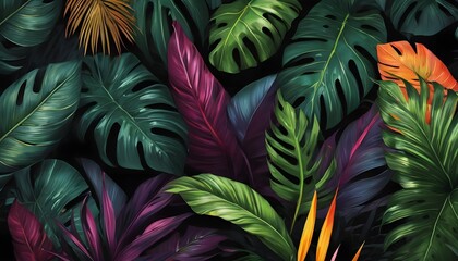Multi colors Tropical jungle leaves in dark background. Artistic Digital painting style. Generative AI