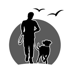 Dog running with men silhouette