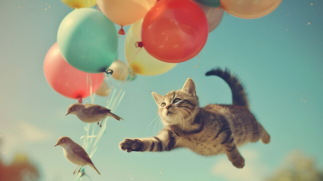 Cat flying with the birds with balloons, generative ai