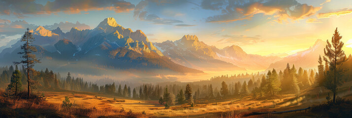 A panorama view  mountains at sunrise, with golden rays illuminating peaks and a forest, Mountain landscape at sunset, nature banner background