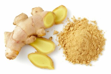 Ginger root and powdered ginger isolated on a white background