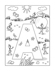 Letter A coloring page. A is for apple. A is for ants. 
