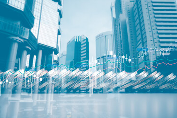 Double exposure of graph and rows of coins for finance and business concept. Economy trends...