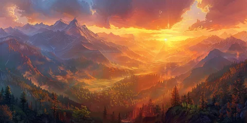 Rollo A panorama view  mountains at sunrise, with golden rays illuminating peaks and a forest, Mountain landscape at sunset, nature banner background © Planetz