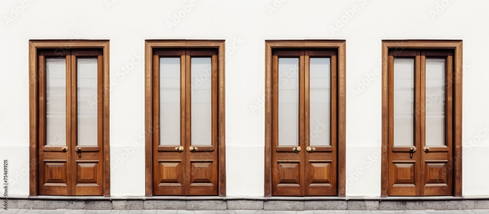 Poster a row of wooden doors with windows sitting side by side on a white background. the doors are identic