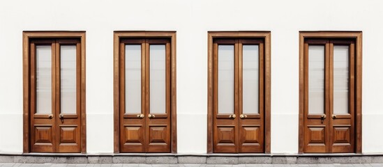 A row of wooden doors with windows sitting side by side on a white background. The doors are identical in design and color, creating a uniform and orderly arrangement.